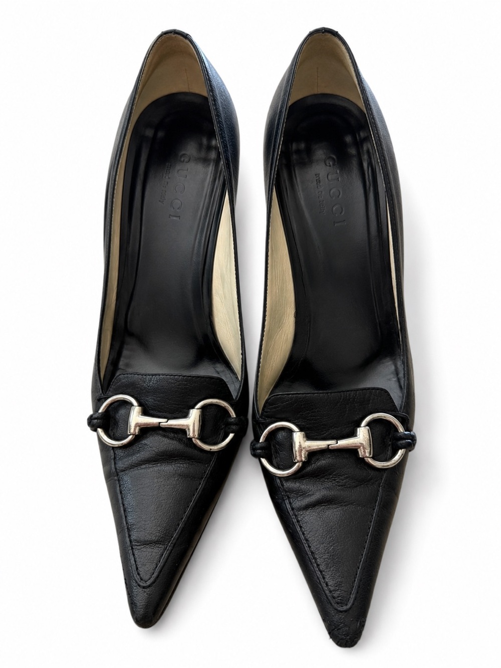 Gucci Black Leather Horsebit Pointed Toe Pumps Heels Size 7.5B